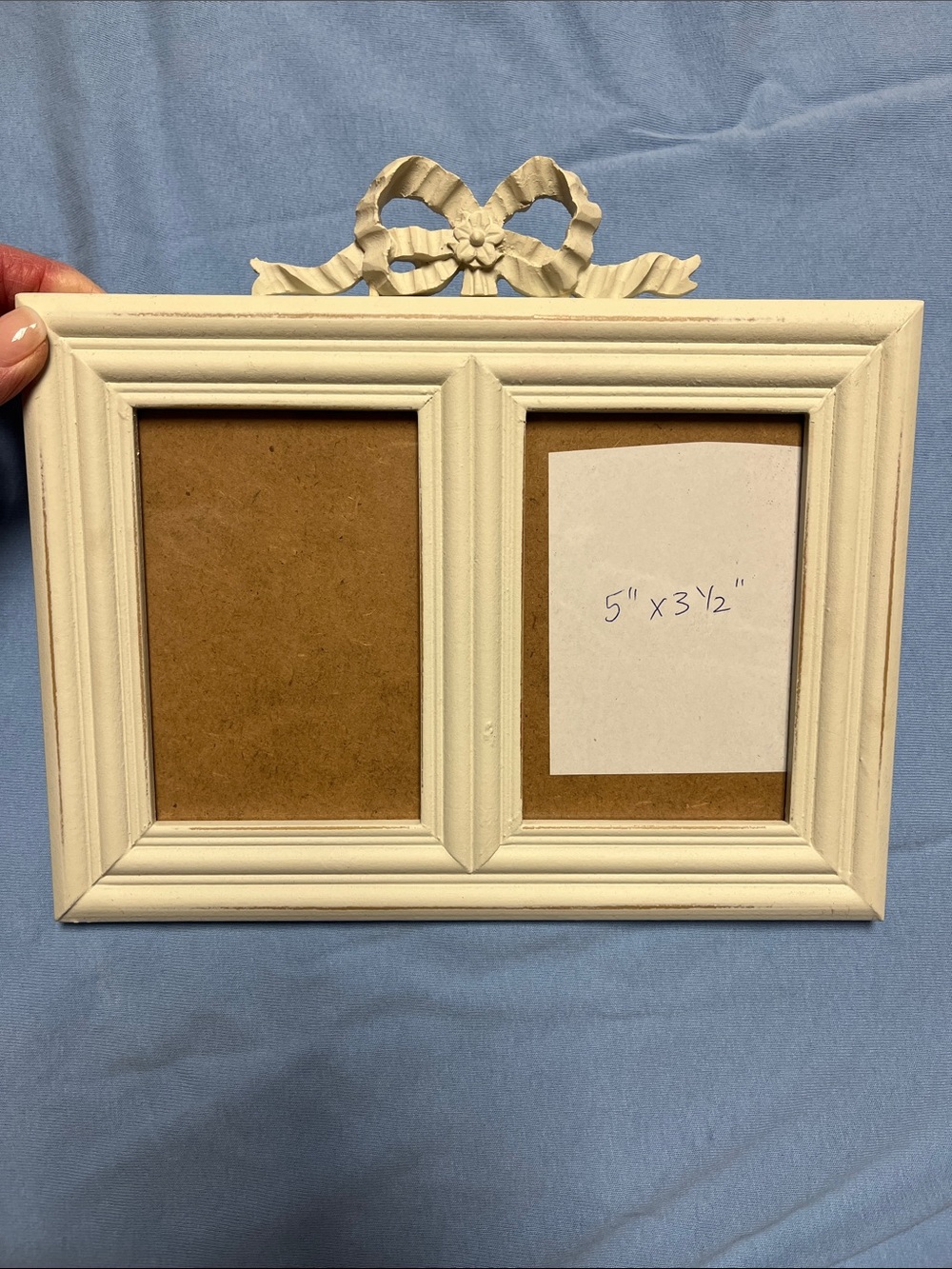Classic Double Picture Frame in Cream with Decorative Bow 5”x3.5” ea side
